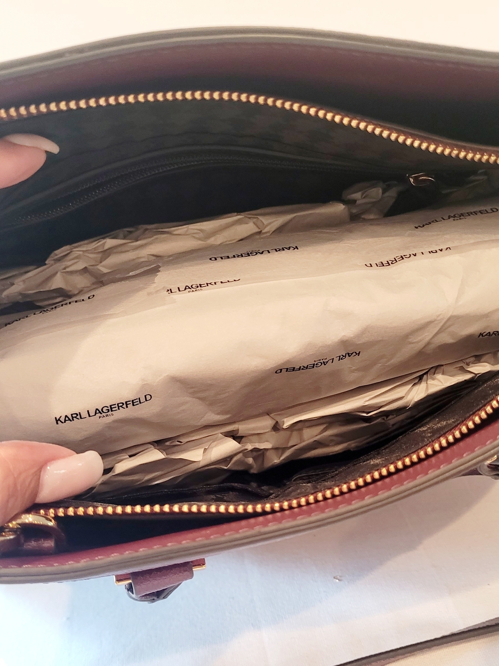Karl Lagerfeld Plum Suede and Leather Shoulder Satchel - Picture 7 of 8